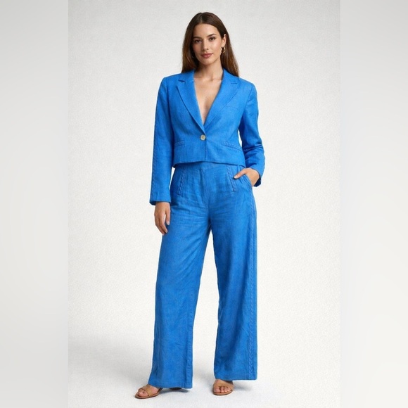 Jason Wu Pants - Jason Wu | Crop Button Front Blazer Wide Leg Pant Matching Set Blue Linen Blend